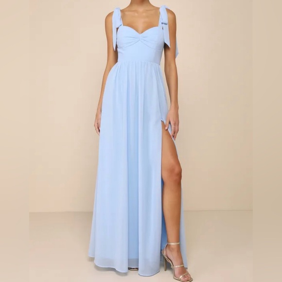 Lulus Radiant Charisma Light Blue Chiffon Ruched Tie-Strap Maxi Dress NWT Small - Picture 1 of 12